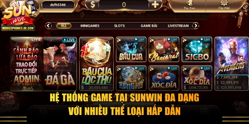 Hệ thống game tại Sunwin đa dạng với nhiều thể loại hấp dẫn